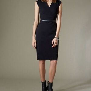 Karen Millen Black Tailored Sleeveless Dress with Faux Leather Trim, Size 10